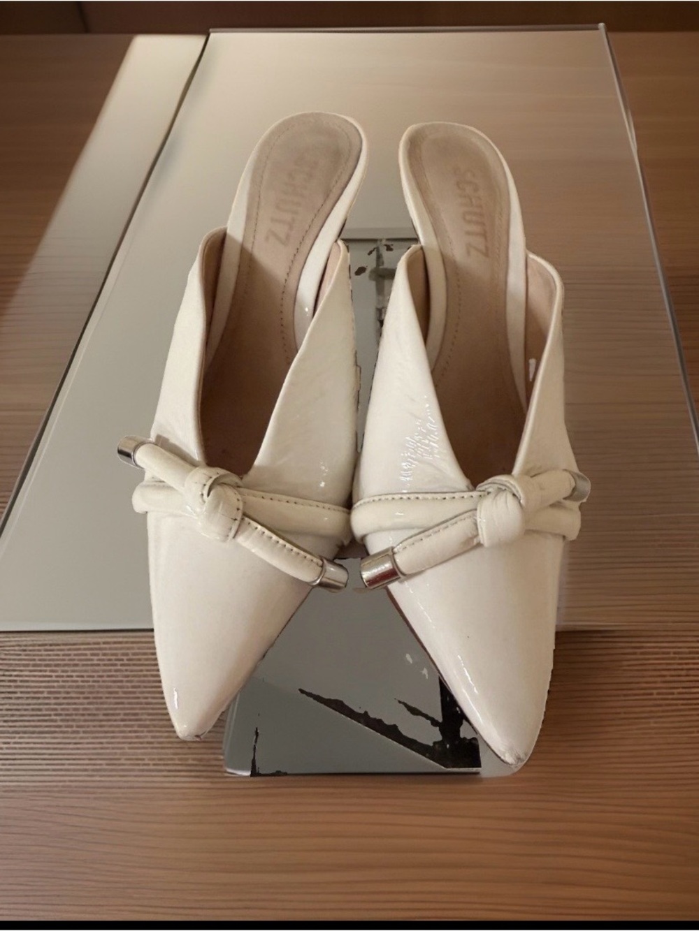 SCHUTZ Cream Patent Pointed-Knot Slip-On Mules